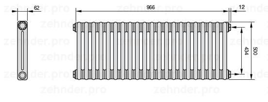 Схема (чертеж) Радиатор Zehnder Charleston 2050/21 №7610 Белый глянцевый RAL 9016